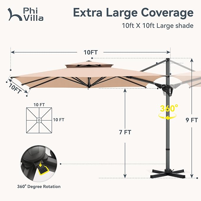 PHI VILLA 10ft Patio Cantilever Umbrella, 360° Rotation & Infinite Tilt Aluminum Square Double Top Outdoor Offset Umbrella, Heavy Duty for Garden Poolside Backyard, Beige (No Base)