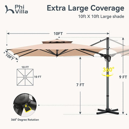 PHI VILLA 10ft Patio Cantilever Umbrella, 360° Rotation & Infinite Tilt Aluminum Square Double Top Outdoor Offset Umbrella, Heavy Duty for Garden Poolside Backyard, Beige (No Base)