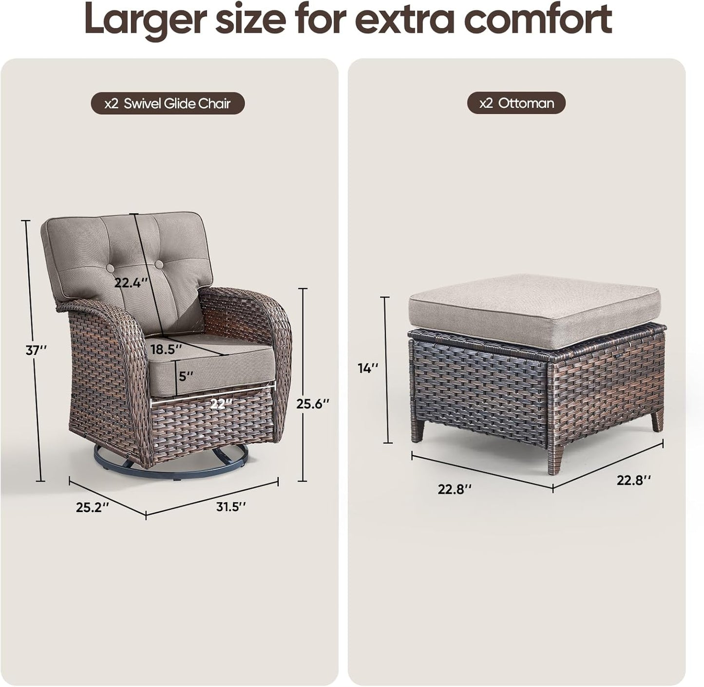 4-Piece Rotating Balcony Chair Set with 31-inch T-Shaped Wide backrest - Rattan Outdoor Rotating Balcony Chairs, Wide backrest Comfortable Outdoor Sliding Chair - Brown | Grey