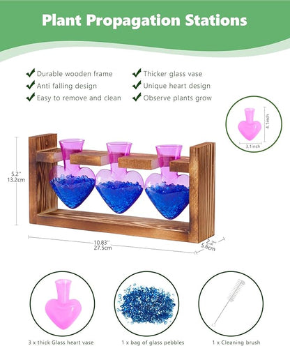Nacome Plant Terrarium Propagation Stations: Birthday Gifts for Plant Lovers Women Mom Wife - Wooden Stand Tabletop Planter 3 Bulb Glass Vase Heart Shaped for Hydroponics Indoor Home(Purple)
