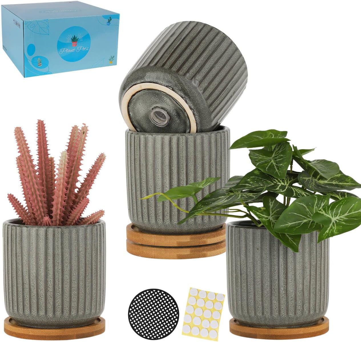 TAMAYKIM 4 Inch Cylinder Ceramic Plant Pots with Drainage Holes & Saucers, Glazed Green Grey Small Boho Planters with Trays for Indoor Flower, Snake Plants, Succulent, Cactus, Set of 4