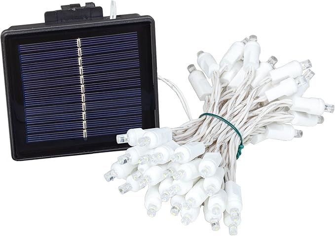 Novelty Lights 50 Light Solar Powered LED Outdoor Mini Light String, 12.5 Feet on White Wire, Warm White 5mm Bulbs, Automatic Dusk to Dawn Operation