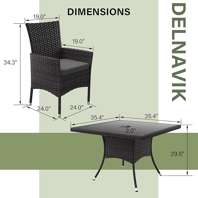 Kurapika 5-Piece Patio Furniture Outdoor Dining Set, Wicker Rattan Patio Dining Table and 4 Chairs Set, Square Tempered Glass Tabletop with Umbrella Hole, for Patio, Backyard, Grey