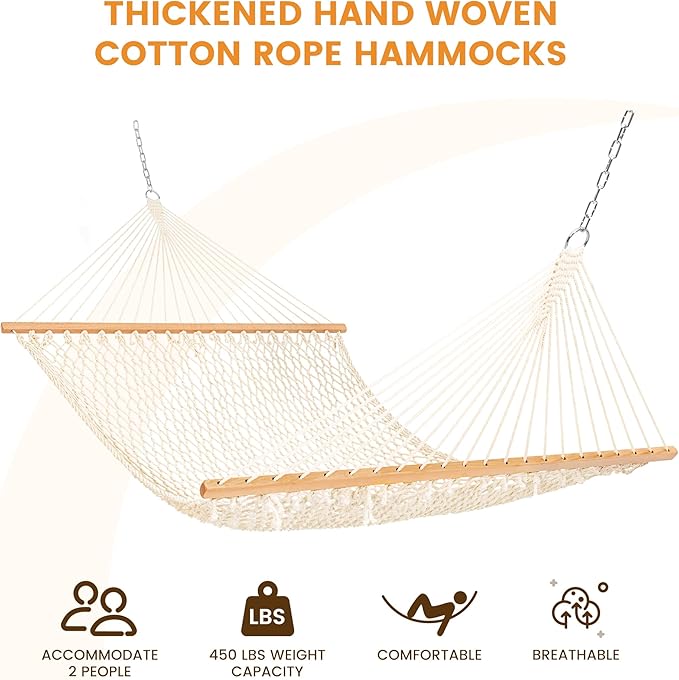 Lazy Daze Hammocks Double Rope Hammock, 2 Person Traditional Outdoor Hand Woven Cotton Rope Hammock with Spreader Bar, Chains, Tree Straps for Patio Yard - Max 450 Lbs, Natural