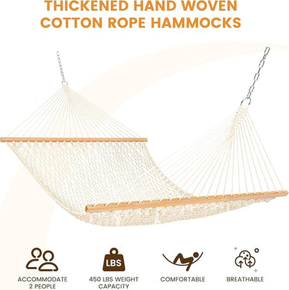 Lazy Daze Hammocks Double Rope Hammock, 2 Person Traditional Outdoor Hand Woven Cotton Rope Hammock with Spreader Bar, Chains, Tree Straps for Patio Yard - Max 450 Lbs, Natural