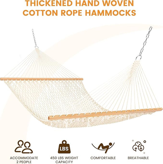 Lazy Daze Hammocks Double Rope Hammock, 2 Person Traditional Outdoor Hand Woven Cotton Rope Hammock with Spreader Bar, Chains, Tree Straps for Patio Yard - Max 450 Lbs, Natural