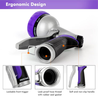 RESTMO Garden Hose Nozzle, Heavy Duty Metal Water Hose Nozzle with 7 Adjustable Spray Patterns, High Pressure Hand Sprayer with Flow Control, Best for Watering Plant & Lawn, Washing Car & Pet, Purple