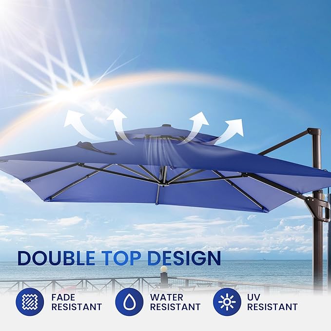 10 X 13 FT Cantilever Patio Umbrella with Base Included Outdoor Heavy Duty Double Top Windproof Rectangle Offset Umbrellas with 360-degree Rotation for Pool Deck Backyard, Navy