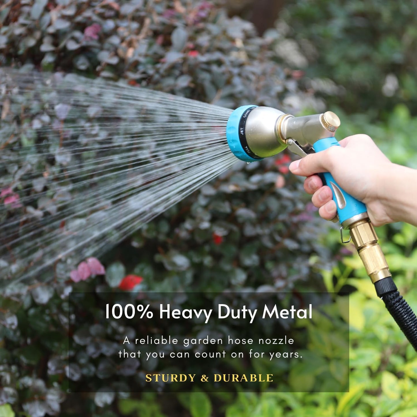 HOSUN Garden Hose Nozzle Sprayer Heavy Duty, 100% Metal Water Hose Nozzle with 8 Spray Patterns, High Pressure Hose Spray Nozzle with Non-Slip Grip for Watering Plant & Lawn, Washing Car & Pet, Blue