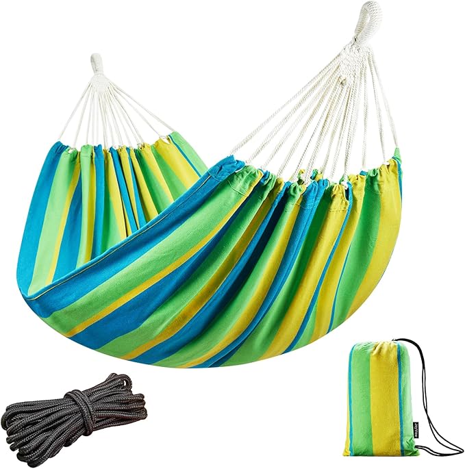 JoyView Brazilian Double Hammock with Hanging Ropes Extra Large 86.6x59” Portable Cotton Hammock for Patio Backyard Porch 450LBS Weight Capacity Perfect for Outdoor/Indoor - Light Green/Yellow Stripe