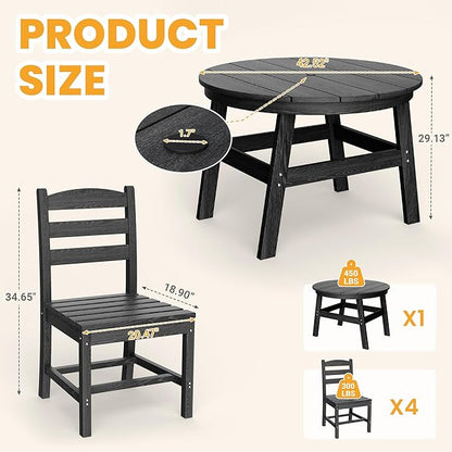 Pamapic 5 PCS Round Outdoor Dining Set, Wood Grain HDPE Outdoor Table and Chairs with 105° Ergonomic Backrest, Durable Patio Dining Table with Umbrella Hole, Black