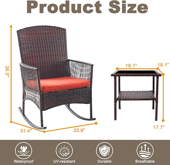 DECMICO Outdoor Rattan Wicker Rocking Chair 3 Pieces Patio Conversation Furniture Bistro Sets with Side Table and Cushions for Porch Garden and Balcony