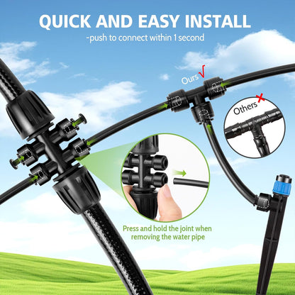 230FT New Quick-Connect Drip Irrigation System Kit, Automatic Garden Watering Misting System for Greenhouse, Yard, Lawn, Plant with 1/2 inch Hose 1/4 inch Distribution Tubing and Accessories