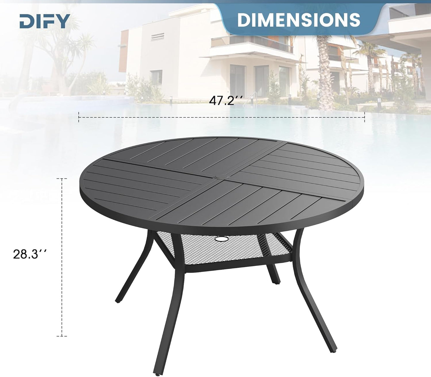 DIFY 47.2" Round Outdoor Patio Dining Table for 6, All-Weather Metal Steel Slatted Patio Table with 1.57" Adjustable Umbrella Hole, for Lawn Garden Porch Backyard, Black