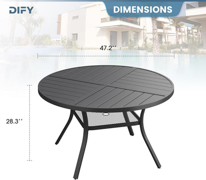 DIFY 47.2" Round Outdoor Patio Dining Table for 6, All-Weather Metal Steel Slatted Patio Table with 1.57" Adjustable Umbrella Hole, for Lawn Garden Porch Backyard, Black