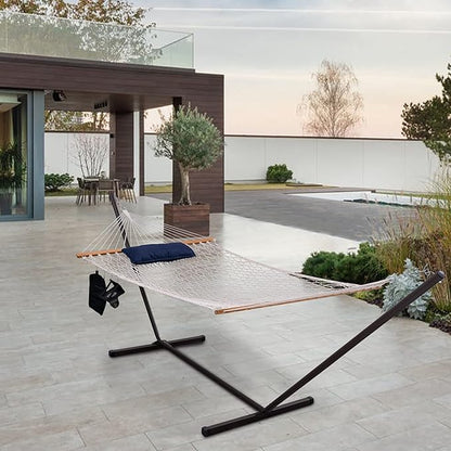 Lazy Daze Hammocks Double Rope Hammock with Stand Include, 12 Feet Traditional Cotton Rope with Pillow for Outside, Backyard, Patio, Garden, Blue Pillow