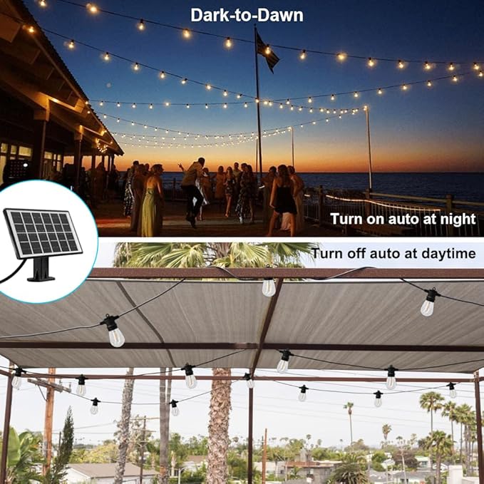 SUNTHIN Outdoor Solar String Lights, 48ft Solar Patio Lights with USB Rechargeable, Waterproof & Shatterproof Solar Powered Bulbs for Yard, Porch, Garden, Pool, Party, Camping