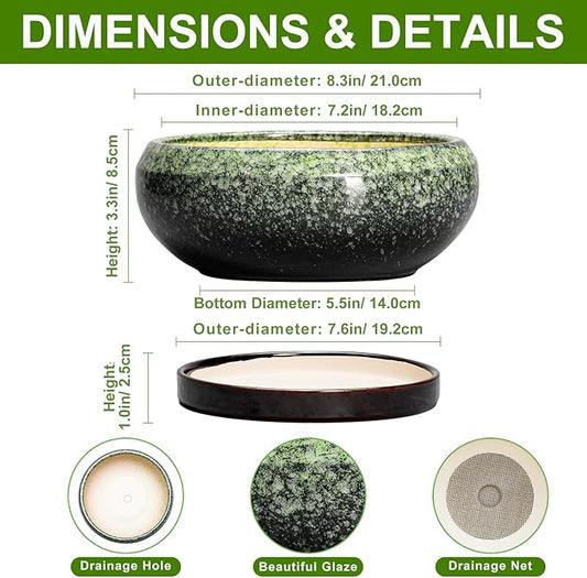 Bonsai Pots 8 Inch - Ceramic Succulent Pots with Drainage Hole and Saucer, Shallow Plant Pot for Indoor Outdoor, Bonsai Tree Pots, Round Planter Bowl, Home Decor, Gift for Plant Lover, Green