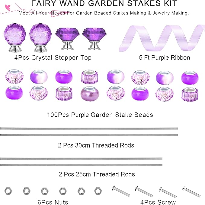 119 Pcs Garden Stake DIY Fairy Wand Plant Stake with Purple Large Hole Beads Crystal Diamond Stopper Top 4 Stainless Steel Threaded Rod Beaded Garden Stakes for Outdoor Indoor Yard Patio Decorations
