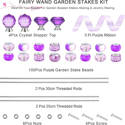 119 Pcs Garden Stake DIY Fairy Wand Plant Stake with Purple Large Hole Beads Crystal Diamond Stopper Top 4 Stainless Steel Threaded Rod Beaded Garden Stakes for Outdoor Indoor Yard Patio Decorations