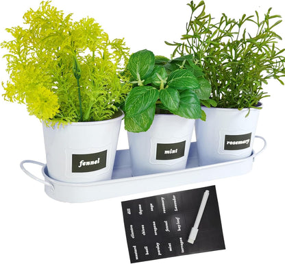4" Herb Garden Planter Kit, Indoor Herb Planters with Tray, Set of 3 Metal Windowsill Pots for Flower Plants with Drainage Hole, Customizable Labels & Marker Pen, White