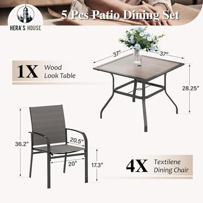 HERA'S HOUSE 5 Piece Patio Dining Set, 4 x Brown Textilene Dining Chair and 37" Square Wood-Like Dining Table with Umbrella Hole, Outdoor Table and Chairs Set for Lawn Garden Backyard Deck