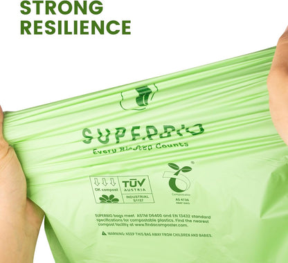 SUPERBIO 8 Gallon Compostable Drawstring Kitchen Waste Bags,30.3 Liter, 30 Count, 1 Mil,Heavy Duty Food Waste Bags, BPI, Seedling and OK compost INDUSTRIAL