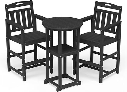 HDPE Outdoor Patio Bar Set with Bar Height Table and 2 Adirondack Chairs, All-Weather High Top Outside Round Pub Furniture for Bistro, Garden, Backyard, Deck | 3-Pieces, Matte Black