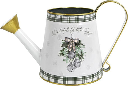 Vintage Metal Christmas Watering Can Decor - Wonderful Winter Days Design with Bell Wreath, Rustic Farmhouse Watering Pot Garden Decorative Planter for Holiday Home Mantel Tabletop Xmas Decor