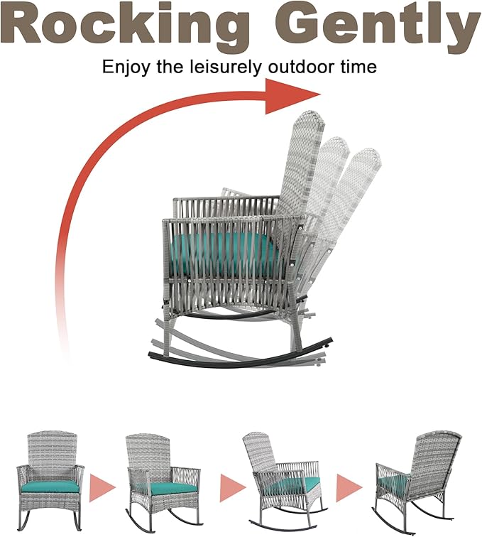 DECMICO Outdoor Rattan Wicker Rocking Chair, 3 Pieces Patio Conversation Furniture Bistro Sets with Side Table and Cushions for Porch Garden and Balcony