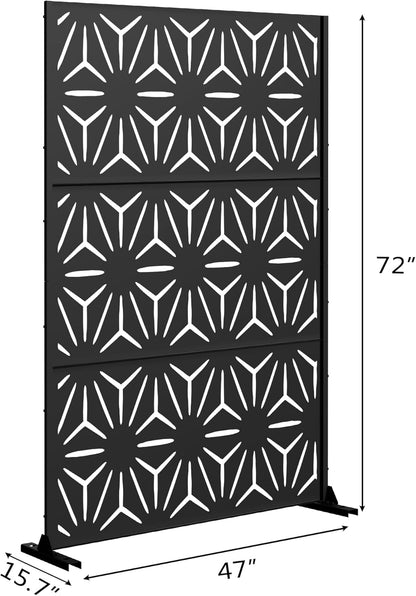 Metal Privacy Screen Outdoor 72" H×47" W, Freestanding Decorative Privacy Screen for Balcony Yard&Garden, Privacy Fence-Black&Star