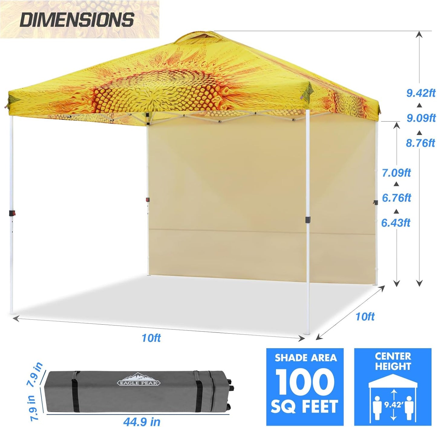 EAGLE PEAK Pop Up Canopy Tent with 1 Sidewall, Easy Setup Event Tent, Outdoor Sun Shade, Wheeled Carry Bag, Stakes and Guy Ropes, Instant Canopy 10x10, Sunflower
