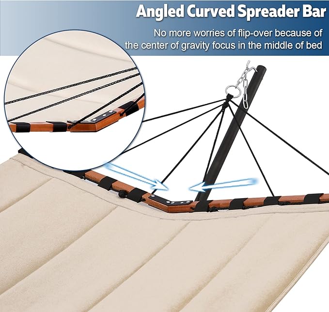 TegerDeger 12FT 2 Person Hammock with Stand Included 55 x 79IN Large Hammock 450LB Capacity with Hardwood Spreader Bar & Nylon Rope for Outside, Patio, Garden, Backyard, Beach, Poolside - Beige