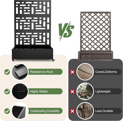 Metal Planter Box with Trellis, 71"x 47"x 16" Raised Garden Bed with Trellis & Wheels, Privacy Planters for Patio, Planter Box with Drainage Holes for Climbing Plants, Flower, Vegetable