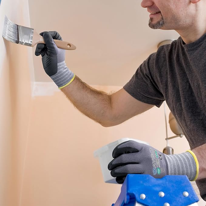 KAYGO MicroFoam Nitrile Coated Work Gloves, 3 Pairs KG19N Seamless Knit Nylon, Micro Dots for Enhanced Grip, Breathable and Durable, Ideal for Automotive, General Assembly, Painting, Gray, M