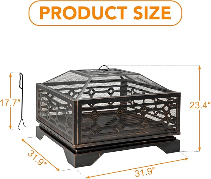 Outdoor Fire Pit, 32 Inch Wood Burning Firepit for Outside with Mesh Cover & Fire Poker, Large Square Metal Fireplace for Patio, Backyard, Garden, Bonfire Party