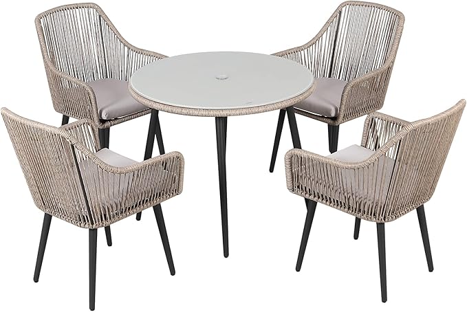 Patiorama 5-Piece Patio Dining Set, Outdoor Dining Table Chair Set, All-Weather Twisted Rattan Wicker Rope Conversation Set, Patio Furniture Set w/Umbrella Hole, 4 Cushioned Chairs&Glass Table(Tan)