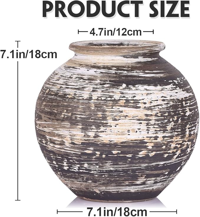 Rustic Terracotta Vase for Farmhouse Decor, Large Vintage Pottery Vases for Home, Wide Mouth Ceramic Vase for Living Room, Kitchen, Table Centerpieces, Modern Rustic Stone Vases