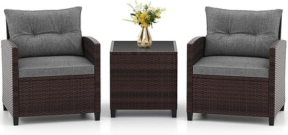 RELAX4LIFE 3-Piece Patio Furniture Set - Wicker Bistro Conversation Set w/2 Cushioned Armchairs & Glass Topped Table, Outdoor Rattan Sofa for Porch Balcony Poolside (Grey)