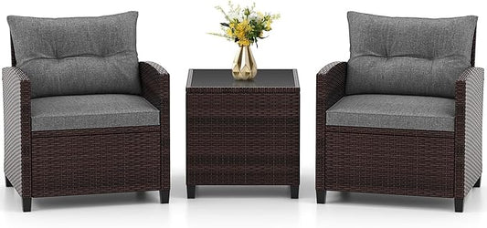 RELAX4LIFE 3-Piece Patio Furniture Set - Wicker Bistro Conversation Set w/2 Cushioned Armchairs & Glass Topped Table, Outdoor Rattan Sofa for Porch Balcony Poolside (Grey)