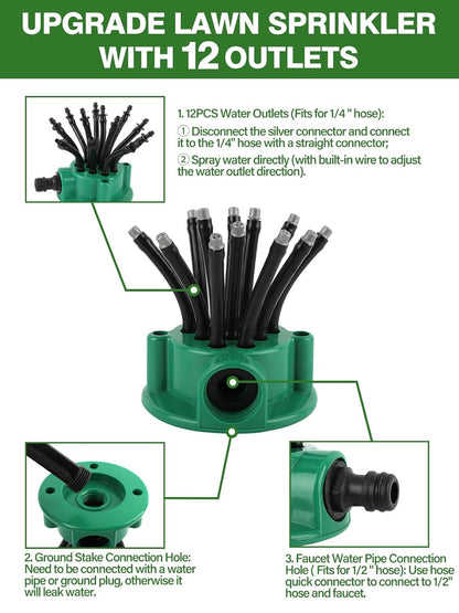 150FT Automatic Drip Irrigation Kit with Lawn Sprinkler, Kalolary 1/4" 1/2" Garden Watering System with 4/7mm 16mm Tube Locked Drip Irrigation Emitter Fittings Adjustable Sprinkler System for Outdoor