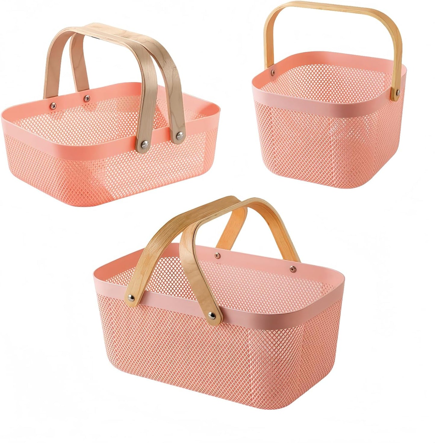 3pcs plastic harvest baskets, foldable wooden handles, rectangular garden storage baskets, for picking and collecting vegetables and fruits in the garden cabinet (Pink)