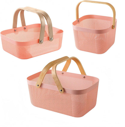 3pcs plastic harvest baskets, foldable wooden handles, rectangular garden storage baskets, for picking and collecting vegetables and fruits in the garden cabinet (Pink)