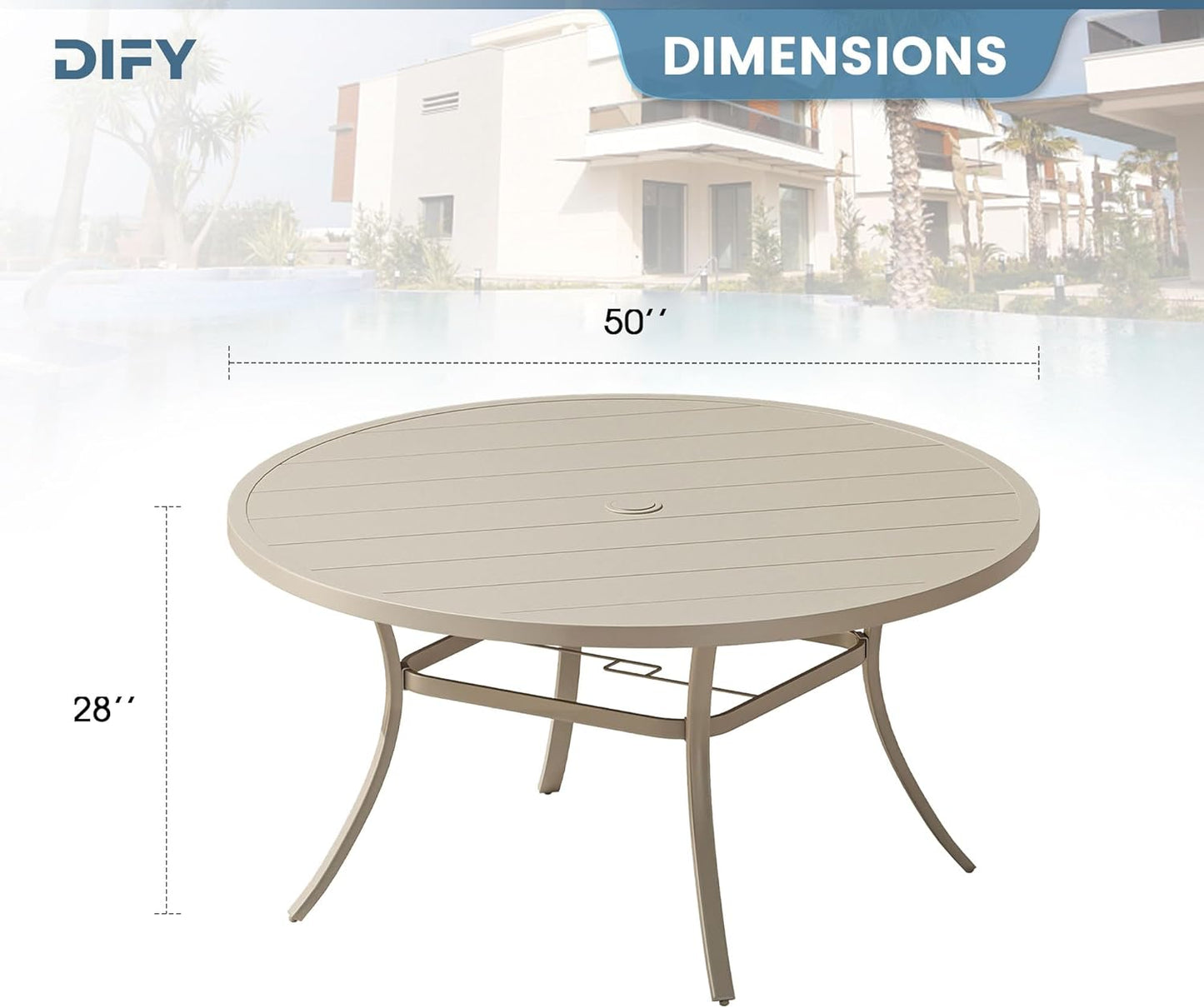 DIFY 50" Round Outdoor Patio Dining Table for 6, Metal Patio Table with 1.57" Adjustable Umbrella Hole, All-Weather Dining Furniture Table for Backyard Lawn Garden, Sandshell