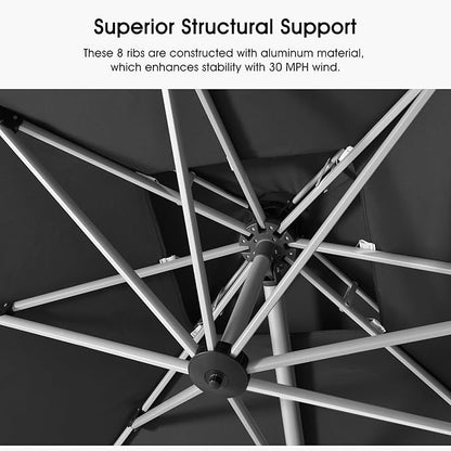 PURPLE LEAF 10 FT Cantilever Patio Umbrellas with Base Included, Large Square Offset Umbrella with 360° Rotation, Outdoor Aluminum Pool Umbrella for Pool Lawn Garden, Grey