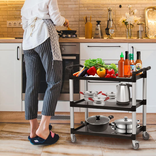Utility Service Cart 3 Shelf, Rolling Push Cart with Brake Wheel, Plastic Heavy Duty 3-Tier Food Service Cart for Office, Warehouse, Garage, Restaurant, Cleaning, 360lbs Capacity, Black