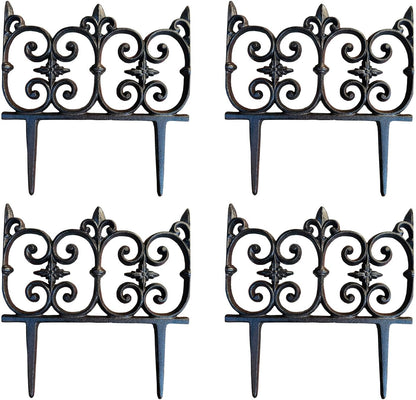 Ornate Cast Iron Garden Edging Fence（10.5" Tall） - 4 Pack Heavy Duty Metal Border for Lawn, Patio & Landscaping HC8308