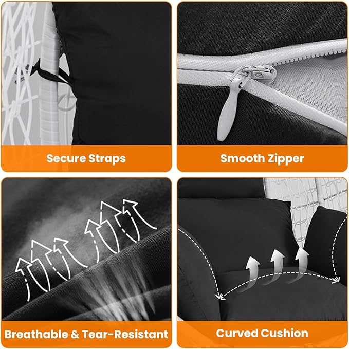 Egg Chair Cushion, Hanging Basket Hammock Seat Cushion, Thick Soft Egg Swing Chair Pad with Headrest for Patio Porch Furniture Outdoor (Black, 39.37x45.28x4.72in)