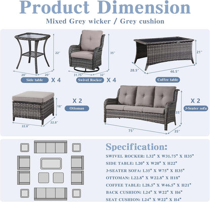 Wicker Patio Furniture Sets - 13 Piece Outdoor Rattan Furniture Conversation Sets with 4 Swivel Rocker Chairs, 2 Rattan Sofas, Wicker Ottomans and Coffee Table, Mixed Grey/Grey