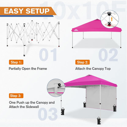 EAGLE PEAK Pop Up Canopy Tent with 1 Sidewall, Easy Setup Event Tent, Outdoor Sun Shade, Wheeled Carry Bag, Stakes and Guy Ropes, Instant Canopy 10x10, Pink